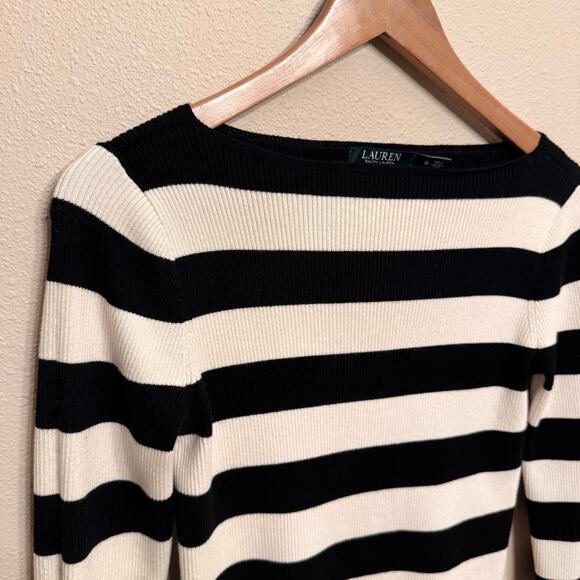 Lauren Ralph Striped Sweater M Black White Bell Sleeve Knit Pullover Preppy - Picture 3 of 9